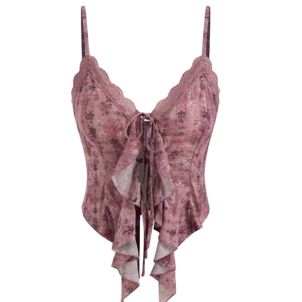 Cider Carmine Lace Ruffle Tie-Front Floral Cami Top – Size L (US 8) - Picture 2 of 3